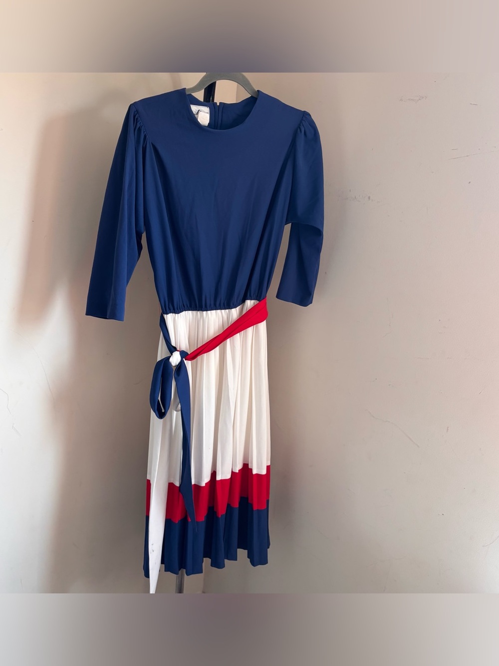 Vintage Blue, White & Red Midi Dress with Tie Waist